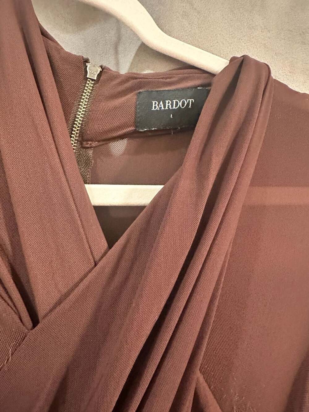 Bardot Brown Mesh Ruched Long Sleeve Midi Dress Size L - Picture 7 of 8